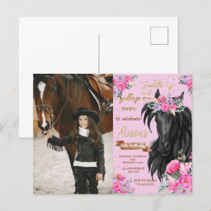 Carte Postale Cheval Anniversaire Fête Cowgirl rose Floral Anniv