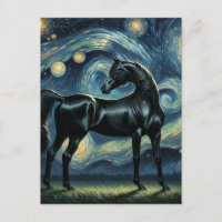 Cheval arabe noir dans la nuit étoilée de Van Gogh