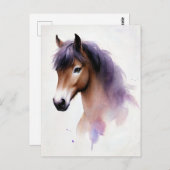 Carte Postale Cheval Avec Aquarelle Mane Violet (Devant / Derrière)