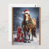 Carte Postale cheval avec chapeau santa et cadeaux de noël (Devant / Derrière)