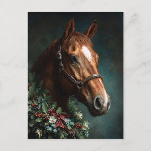 Carte Postale Cheval avec couronne de vacances et ruban rouge