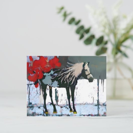 Carte postale Cheval Blanc Fleurs rouges (Debout devant)
