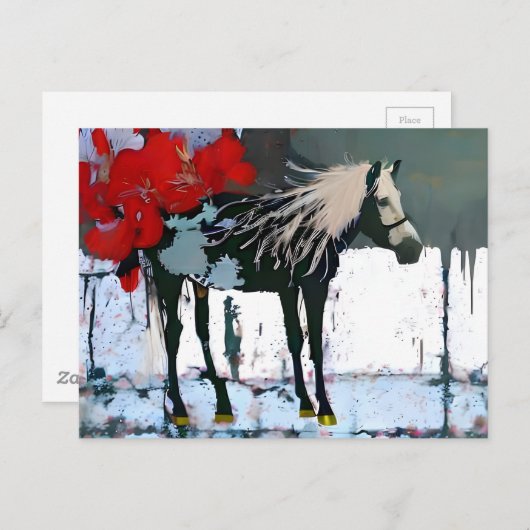 Carte postale Cheval Blanc Fleurs rouges (Devant / Derrière)