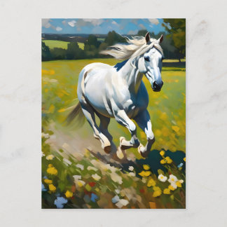 Carte Postale Cheval blanc sur une prairie Fleur sauvage