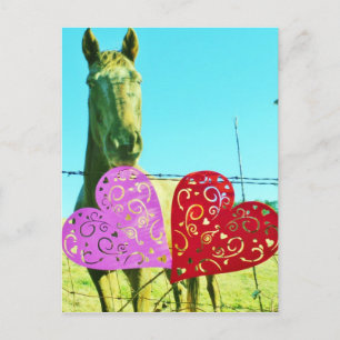 Carte Postale Cheval blond et Coeurs rose et rouge