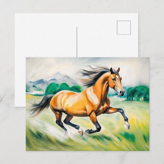 Carte Postale Cheval Brown traversant une prairie (Devant / Derrière)