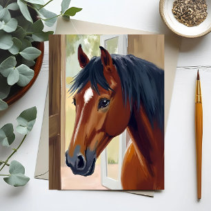 Carte Postale Cheval Brun Aquarelle Animal Campagne Grange