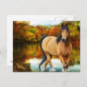 Carte Postale cheval brun, fleurs, arbre (Devant / Derrière)