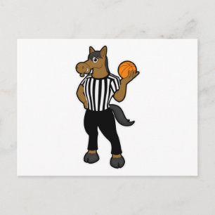 Carte Postale Cheval comme arbitre avec ballon de basket et siff