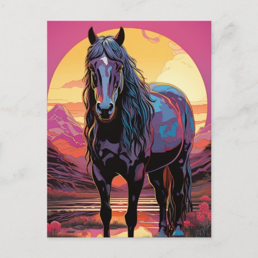 Carte Postale Cheval Coucher de Soleil Violet (Devant)