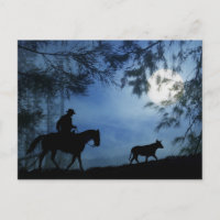 Cheval Cowboy et Steer avec Pleine lune hiver