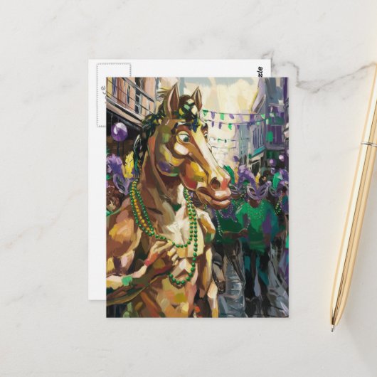 Carte Postale Cheval de Mardi Gras heureux (Devant/Arrière en situation)