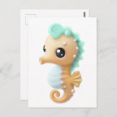 Carte Postale Cheval de mer bébé mignon en Turquoise et blanc (Devant / Derrière)