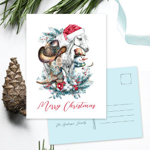 Carte Postale Cheval de Noël en Chat de Noël cowgirl cowboy bott