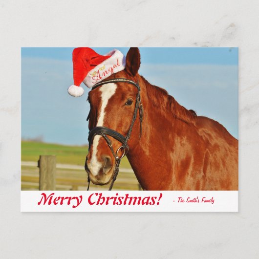 Carte Postale Cheval de Noël Joyeux et personnalisé dans un chap (Devant)