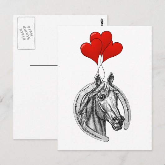 Carte Postale Cheval et Coeurs (Devant / Derrière)