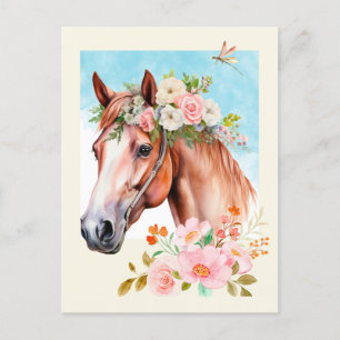 Carte Postale Cheval et fleurs à l'aquarelle