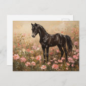 Carte Postale Cheval Foal avec Fleurs Roses Rouges (Devant / Derrière)