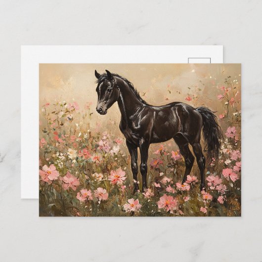 Carte Postale Cheval Foal avec Fleurs Roses Rouges (Devant / Derrière)