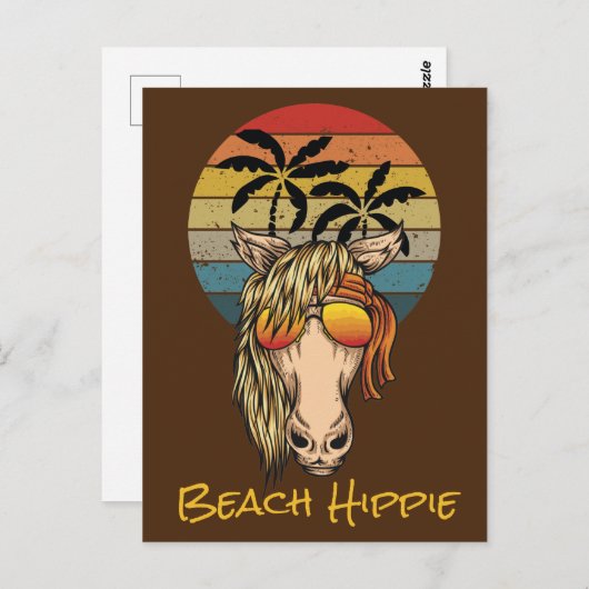 Carte Postale Cheval Hippie de la Plage Rétro, Soleil Couchant e (Devant / Derrière)