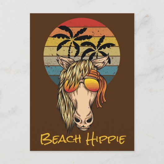Carte Postale Cheval Hippie de la Plage Rétro, Soleil Couchant e (Devant)