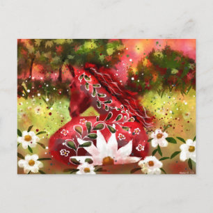 Carte Postale Cheval marguerrier Art Abstrait Rouge Blanc Vert F