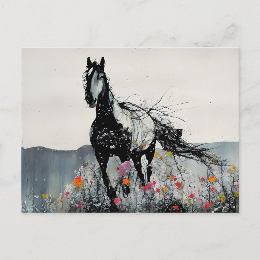 Carte Postale Cheval noir dans les fleurs sauvages (Devant)