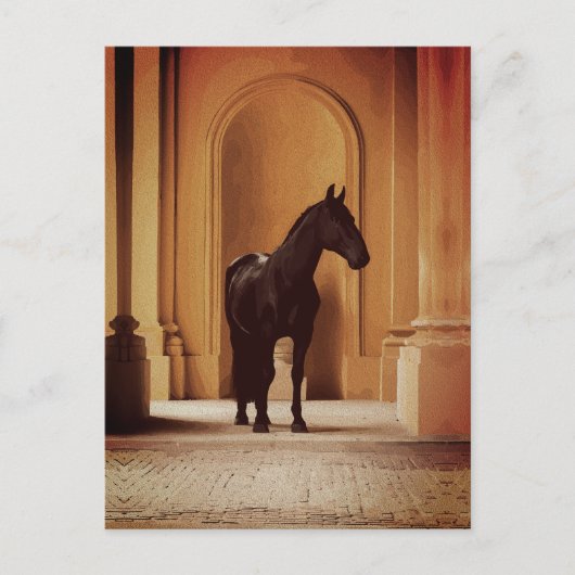 Carte Postale Cheval noir élégant dans une arche dorée (Devant)