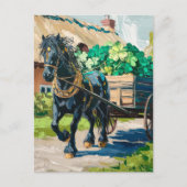 Carte Postale Cheval noir tirant une charge de Shamrocks (Devant)