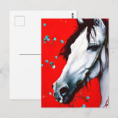 Carte Postale Cheval REd Arrière - plan Fleurs bleues (Devant / Derrière)