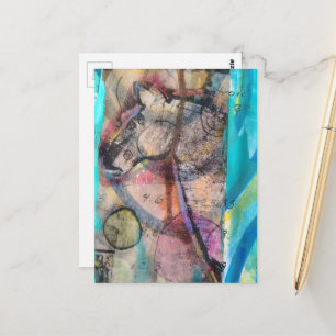 Carte Postale Cheval rétro sur fond bleu - Techniques mixtes