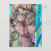 Carte Postale Cheval rétro sur fond bleu - Techniques mixtes (Devant)