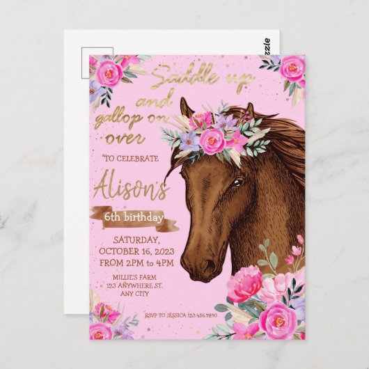 Carte Postale Cheval rose Fête d'Anniversaire (Devant / Derrière)