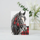 Carte Postale Cheval rouge et noir à plaid (Debout devant)