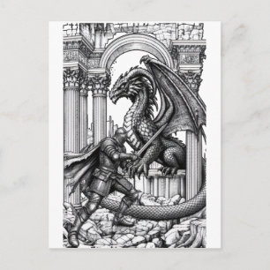 Carte Postale Chevalier épique vs Fantasy Dragon