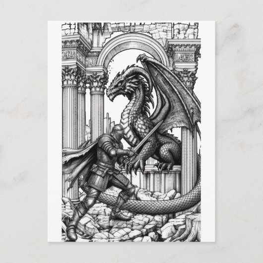 Carte Postale Chevalier épique vs Fantasy Dragon (Devant)