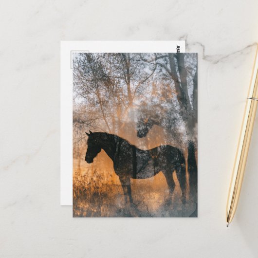 Carte Postale Chevaux et Arbres Double Exposition (Devant/Arrière en situation)