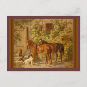 Carte Postale Chevaux et Chiens dans le triage stable