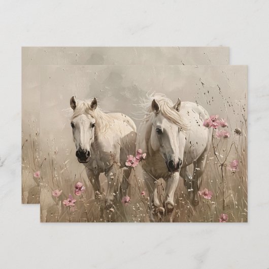 Carte Postale Chevaux gris Fleurs roses Peinture à l'huile (Devant / Derrière)