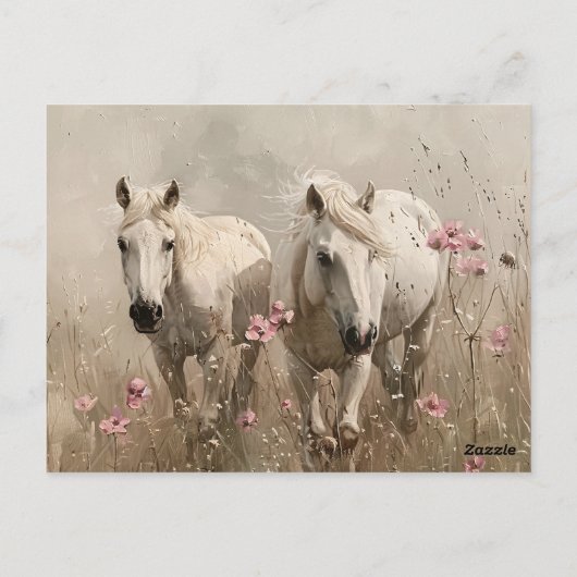 Carte Postale Chevaux gris Fleurs roses Peinture à l'huile (Dos)