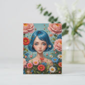 Carte Postale Cheveux bleu et fleurs (Debout devant)