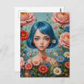Carte Postale Cheveux bleu et fleurs (Devant / Derrière)