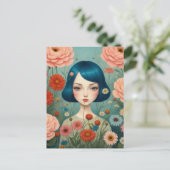 Carte Postale Cheveux bleu et fleurs (Debout devant)