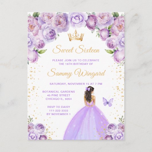 Carte Postale Cheveux brun clair violet Princesse Sweet Seize An (Devant)