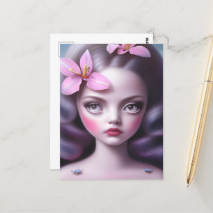 Carte Postale Cheveux lavande et Fleurs roses fille
