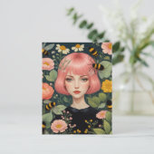 Carte Postale Cheveux roses Abeilles et fleurs de miel (Debout devant)