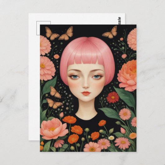 Carte Postale Cheveux roses et fleurs (Devant / Derrière)