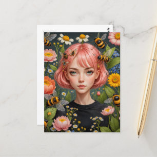 Carte Postale Cheveux roses et fleurs aux abeilles