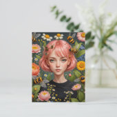 Carte Postale Cheveux roses et fleurs aux abeilles (Debout devant)