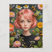 Carte Postale Cheveux roses et fleurs aux abeilles (Devant)